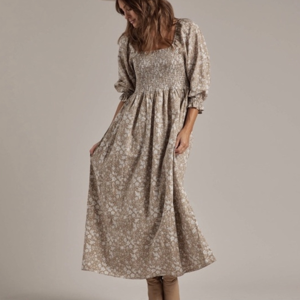 Rylee + Cru Floral Tan Linen Blend Maxi Dress